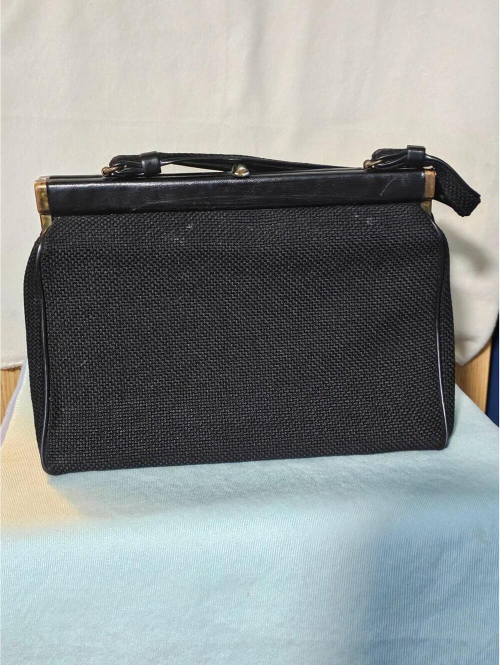 Vintage Crown Lewis Wool Handbag Purse Black 1950s Gold Accents